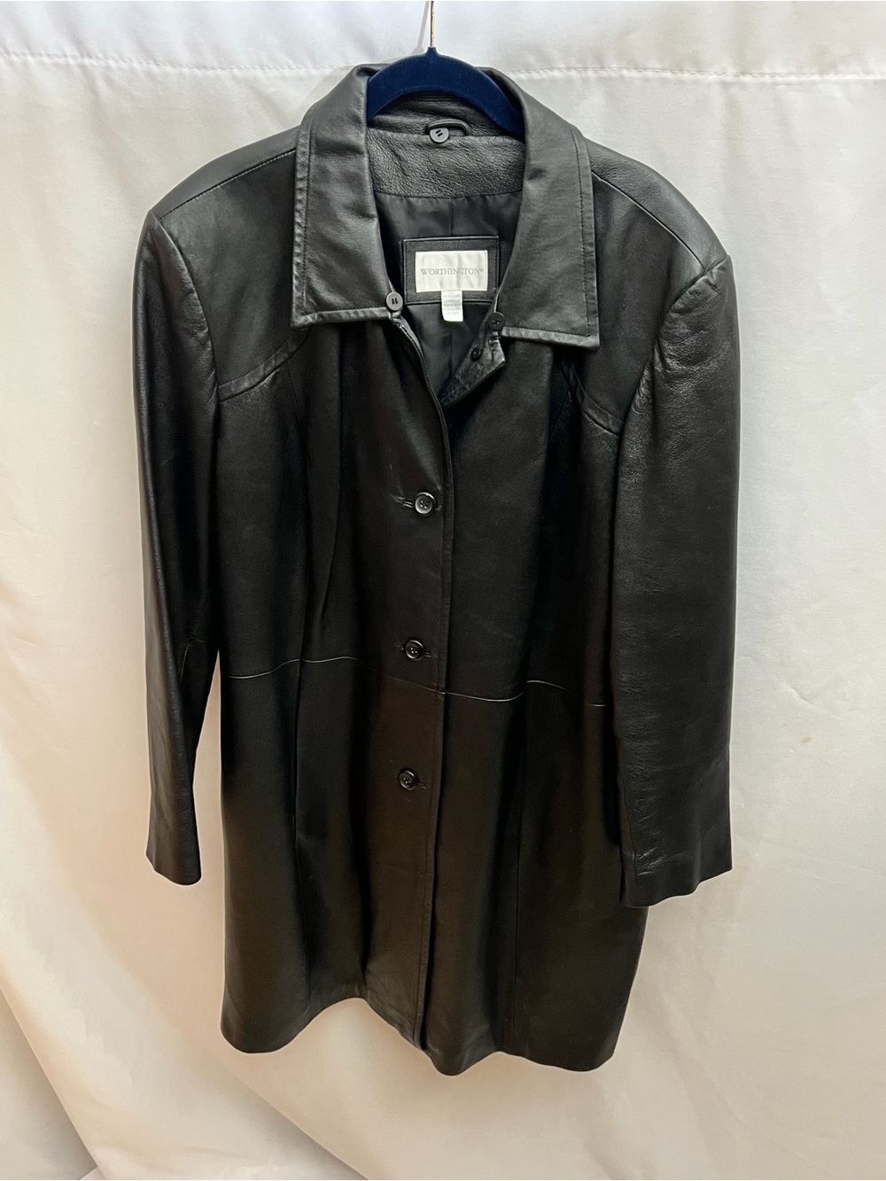 Worthington Women’s 2X Black Genuine Leather Long Button Front Coat Plus Size